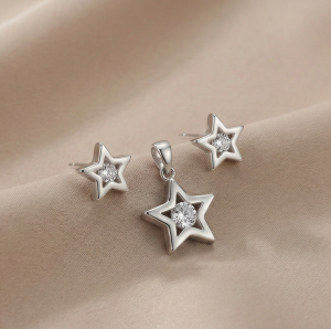 AGOR 925 Sterling Silver Open Star Floating Stone Pendant Set High Polish Jewellery