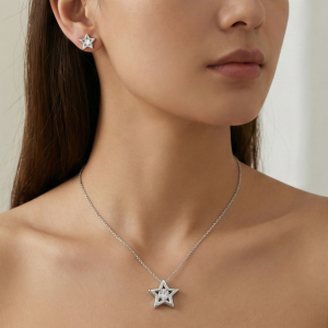 AGOR 925 Sterling Silver Open Star Floating Stone Pendant Set High Polish Jewellery