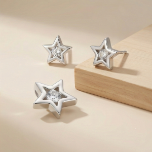 AGOR 925 Sterling Silver Open Star Floating Stone Pendant Set High Polish Jewellery