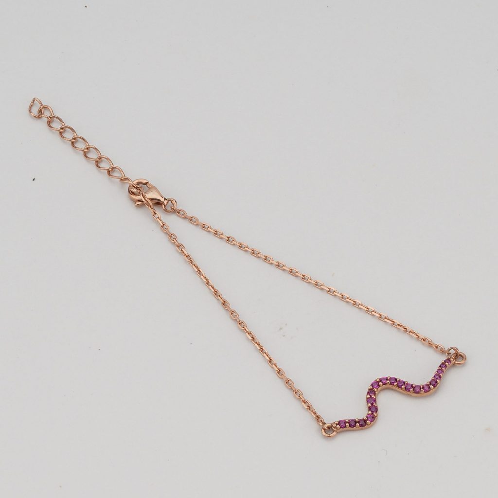 AGOR 925 Sterling Silver Rose Gold Plated Pink Stone Wave Bar Bracelet Jewellery for Women