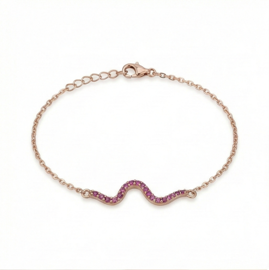 AGOR 925 Sterling Silver Rose Gold Plated Pink Stone Wave Bar Bracelet Jewellery for Women