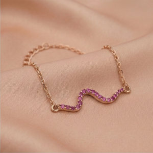AGOR 925 Sterling Silver Rose Gold Plated Pink Stone Wave Bar Bracelet Jewellery for Women
