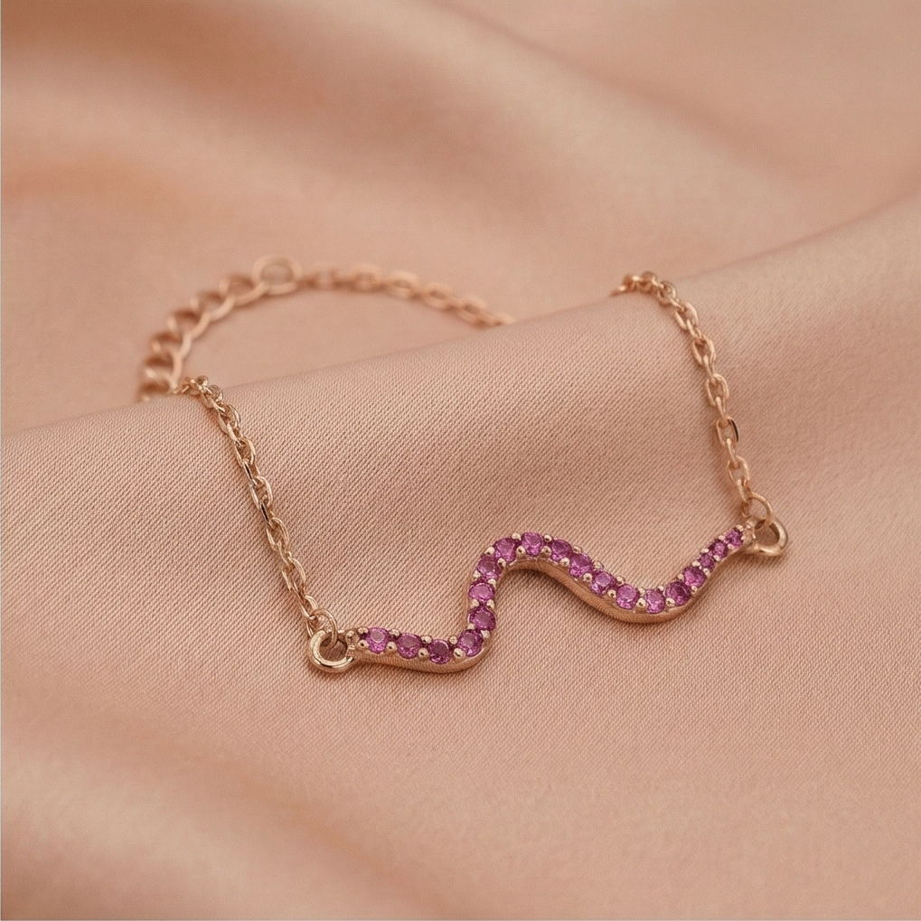 925 Sterling Silver Rose Gold Plated Pink Stone Wave Bar Bracelet Jewellery for Women