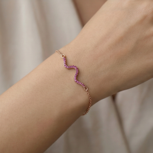 AGOR 925 Sterling Silver Rose Gold Plated Pink Stone Wave Bar Bracelet Jewellery for Women