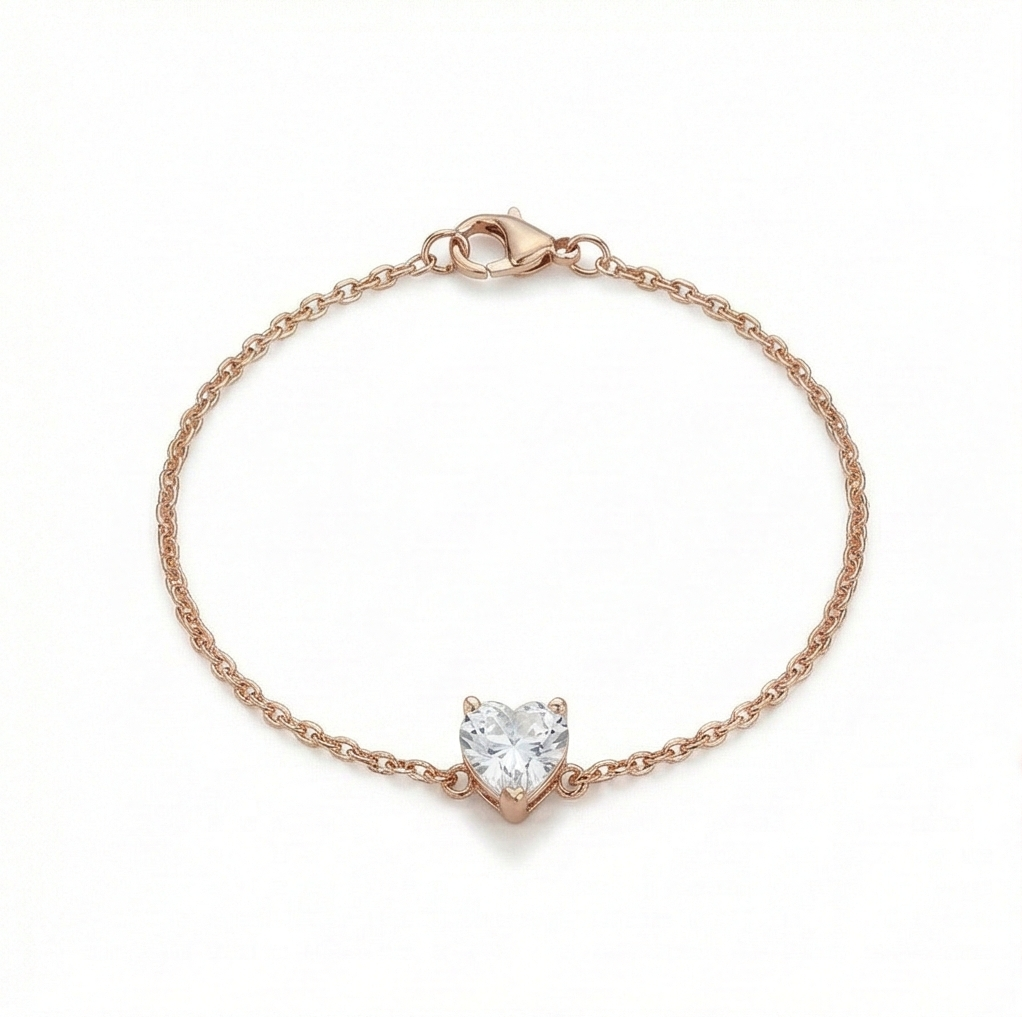 925 Sterling Silver Rose Gold Plated Solitaire Heart Stone Bracelet | Minimalist Crystal Jewellery for Women