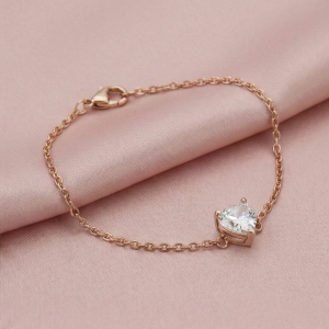 AGOR 925 Sterling Silver Rose Gold Plated Solitaire Heart Stone Bracelet | Minimalist Crystal Jewellery for Women