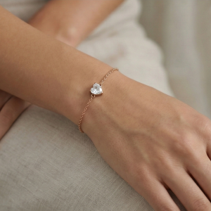 AGOR 925 Sterling Silver Rose Gold Plated Solitaire Heart Stone Bracelet | Minimalist Crystal Jewellery for Women