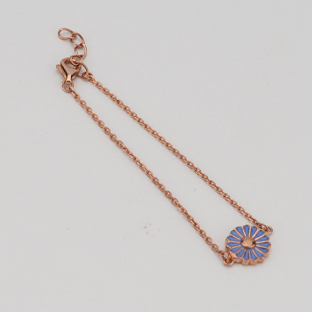 AGOR 925 Sterling Silver Rose Gold Plated Blue Enamel Daisy Flower Bracelet | Floral Charm Jewellery for Women & Girls