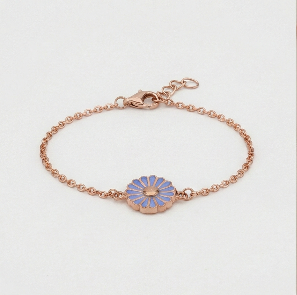 AGOR 925 Sterling Silver Rose Gold Plated Blue Enamel Daisy Flower Bracelet | Floral Charm Jewellery for Women & Girls