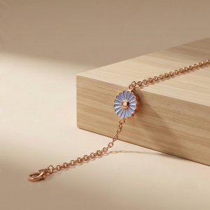 AGOR 925 Sterling Silver Rose Gold Plated Blue Enamel Daisy Flower Bracelet | Floral Charm Jewellery for Women & Girls