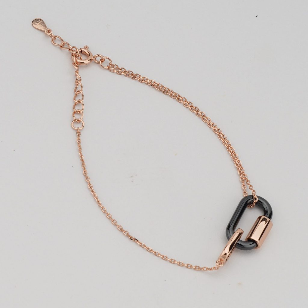 AGOR 925 Sterling Silver Rose Gold Plated Interlocking Oval Link Bracelet for Women | Modern Geometric Chain Jewellery