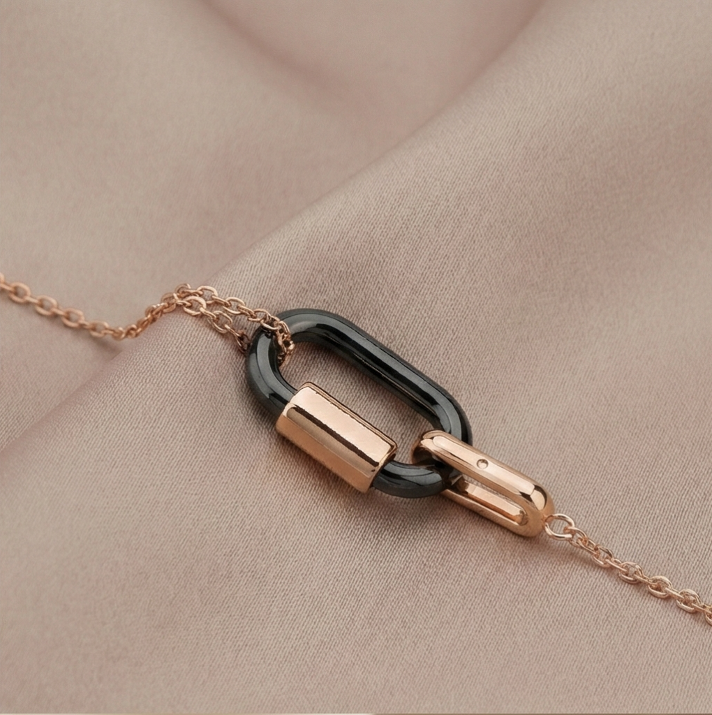 AGOR 925 Sterling Silver Rose Gold Plated Interlocking Oval Link Bracelet for Women | Modern Geometric Chain Jewellery