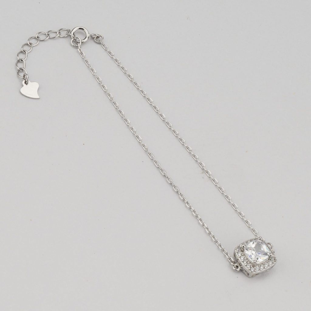 AGOR 925 Sterling Silver Square Halo Solitaire Charm Bracelet Jewellery for Women Silver Finish