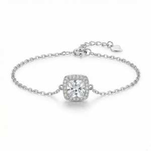 AGOR 925 Sterling Silver Square Halo Solitaire Charm Bracelet Jewellery for Women Silver Finish