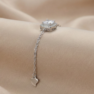 AGOR 925 Sterling Silver Square Halo Solitaire Charm Bracelet Jewellery for Women Silver Finish
