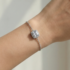 AGOR 925 Sterling Silver Square Halo Solitaire Charm Bracelet Jewellery for Women Silver Finish