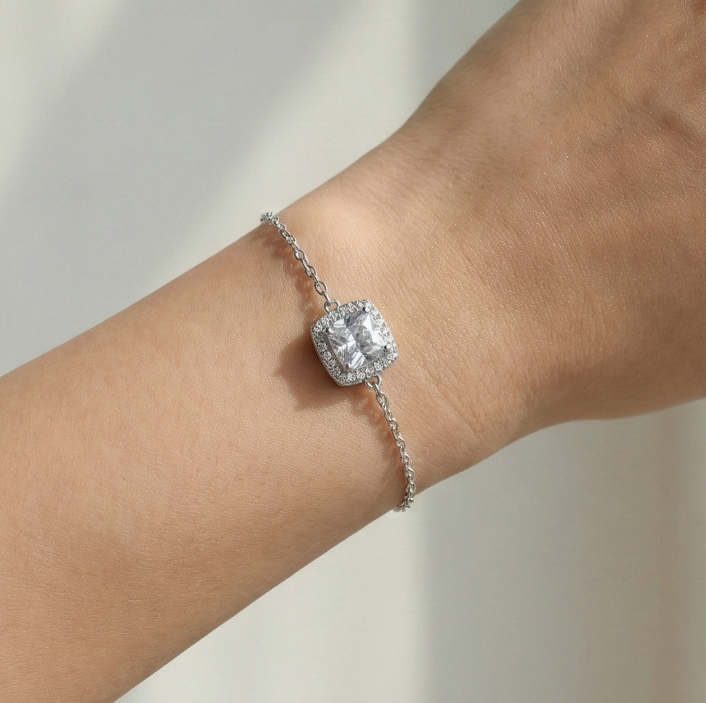 925 Sterling Silver Square Halo Solitaire Charm Bracelet Jewellery for Women Silver Finish