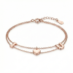 AGOR 925 Sterling Silver Rose Gold Plated Double Layer Heart & Letter Charm Bracelet | Romantic Love Jewellery for Women