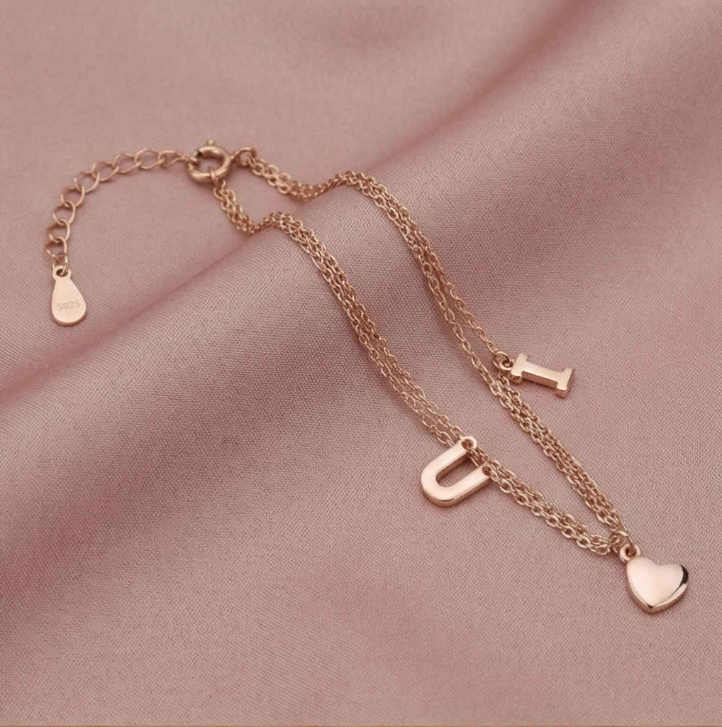 AGOR 925 Sterling Silver Rose Gold Plated Double Layer Heart & Letter Charm Bracelet | Romantic Love Jewellery for Women