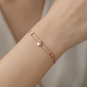 AGOR 925 Sterling Silver Rose Gold Plated Double Layer Heart & Letter Charm Bracelet | Romantic Love Jewellery for Women