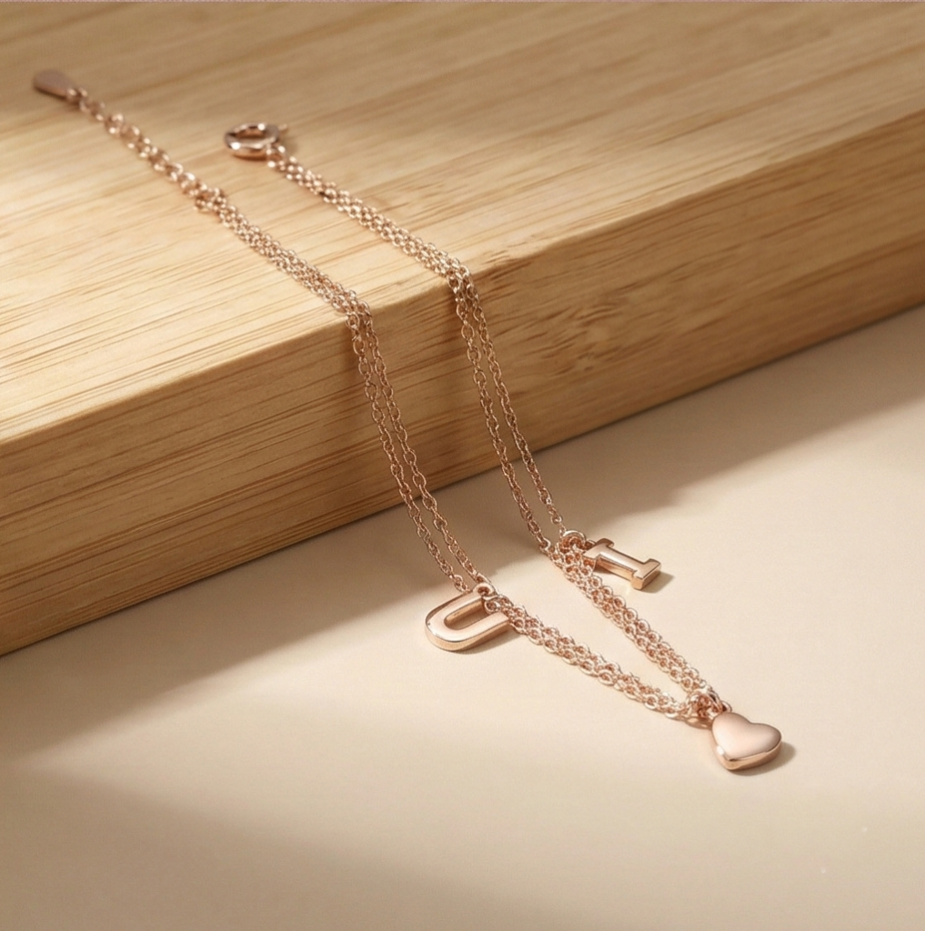 AGOR 925 Sterling Silver Rose Gold Plated Double Layer Heart & Letter Charm Bracelet | Romantic Love Jewellery for Women