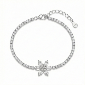 AGOR 925 Sterling Silver Crystal Snowflake Tennis Bracelet for Women | Sparkling Starburst Statement Jewellery