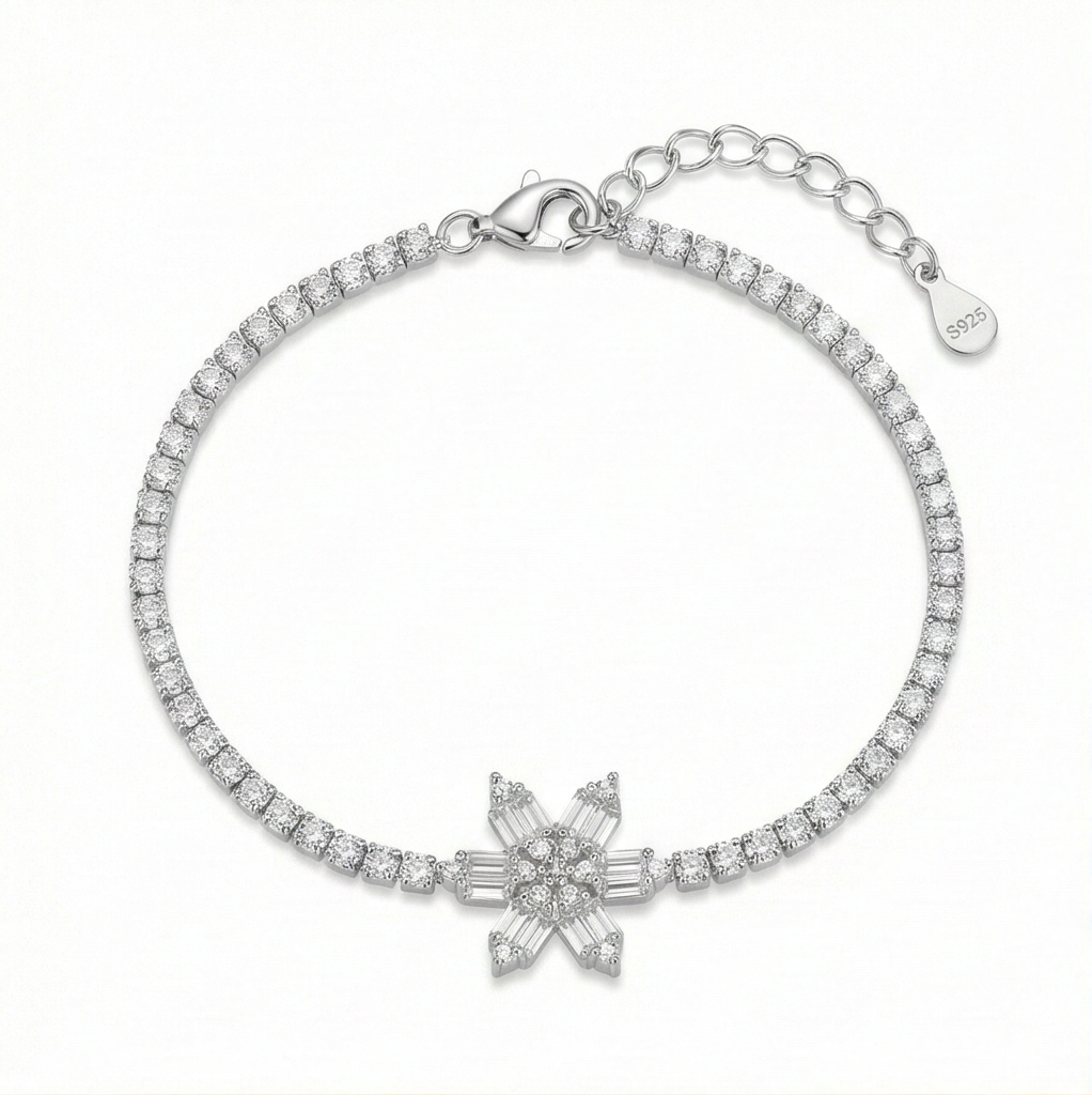 925 Sterling Silver Crystal Snowflake Tennis Bracelet for Women | Sparkling Starburst Statement Jewellery