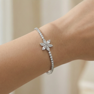 AGOR 925 Sterling Silver Crystal Snowflake Tennis Bracelet for Women | Sparkling Starburst Statement Jewellery