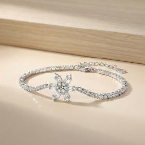 AGOR 925 Sterling Silver Crystal Snowflake Tennis Bracelet for Women | Sparkling Starburst Statement Jewellery