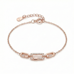 AGOR 925 Sterling Silver Rose Gold Plated Geometric Paperclip Link Bracelet Jewellery for Women