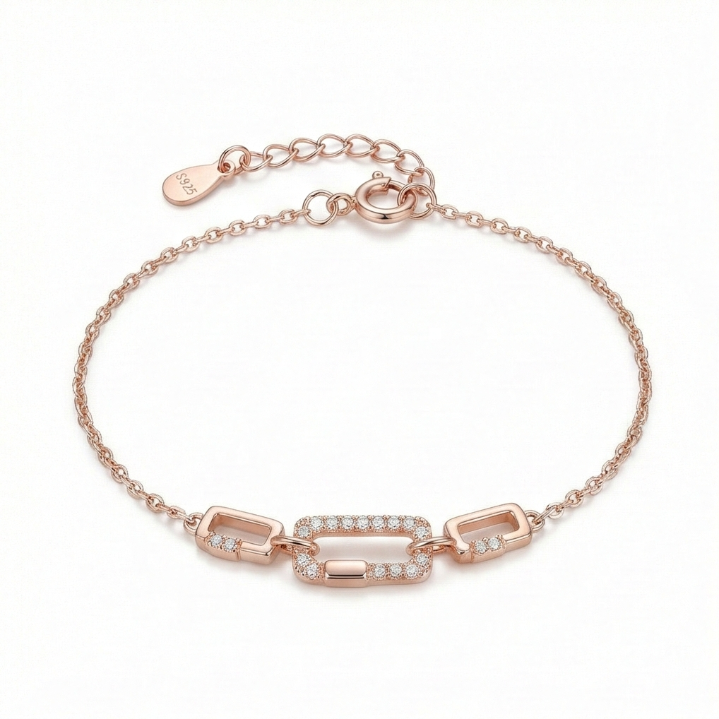 925 Sterling Silver Rose Gold Plated Geometric Paperclip Link Bracelet Jewellery for Women