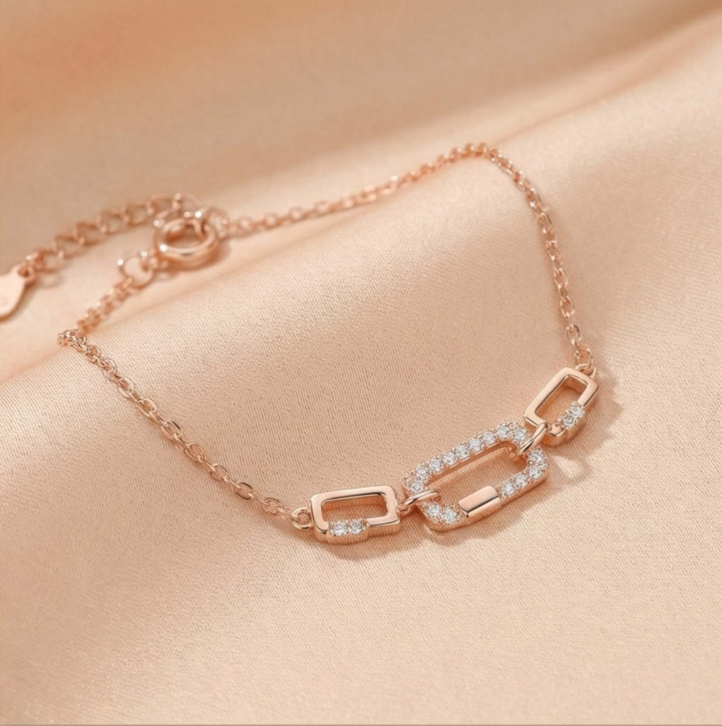 AGOR 925 Sterling Silver Rose Gold Plated Geometric Paperclip Link Bracelet Jewellery for Women