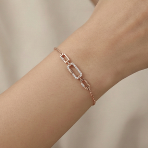 AGOR 925 Sterling Silver Rose Gold Plated Geometric Paperclip Link Bracelet Jewellery for Women