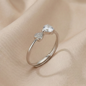 AGOR 925 Sterling Silver Adjustable Bow Knot Heart Ring Jewellery for Women & Girls