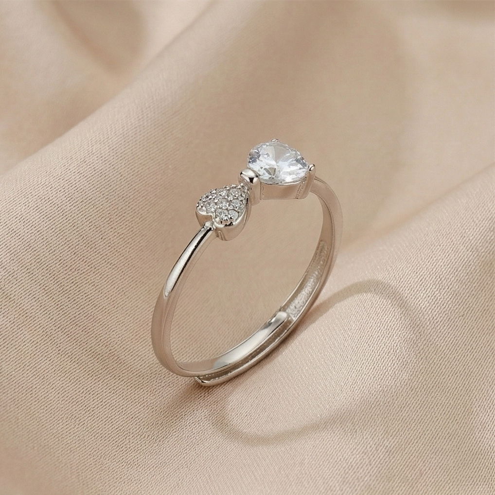 925 Sterling Silver Adjustable Bow Knot Heart Ring Jewellery for Women & Girls