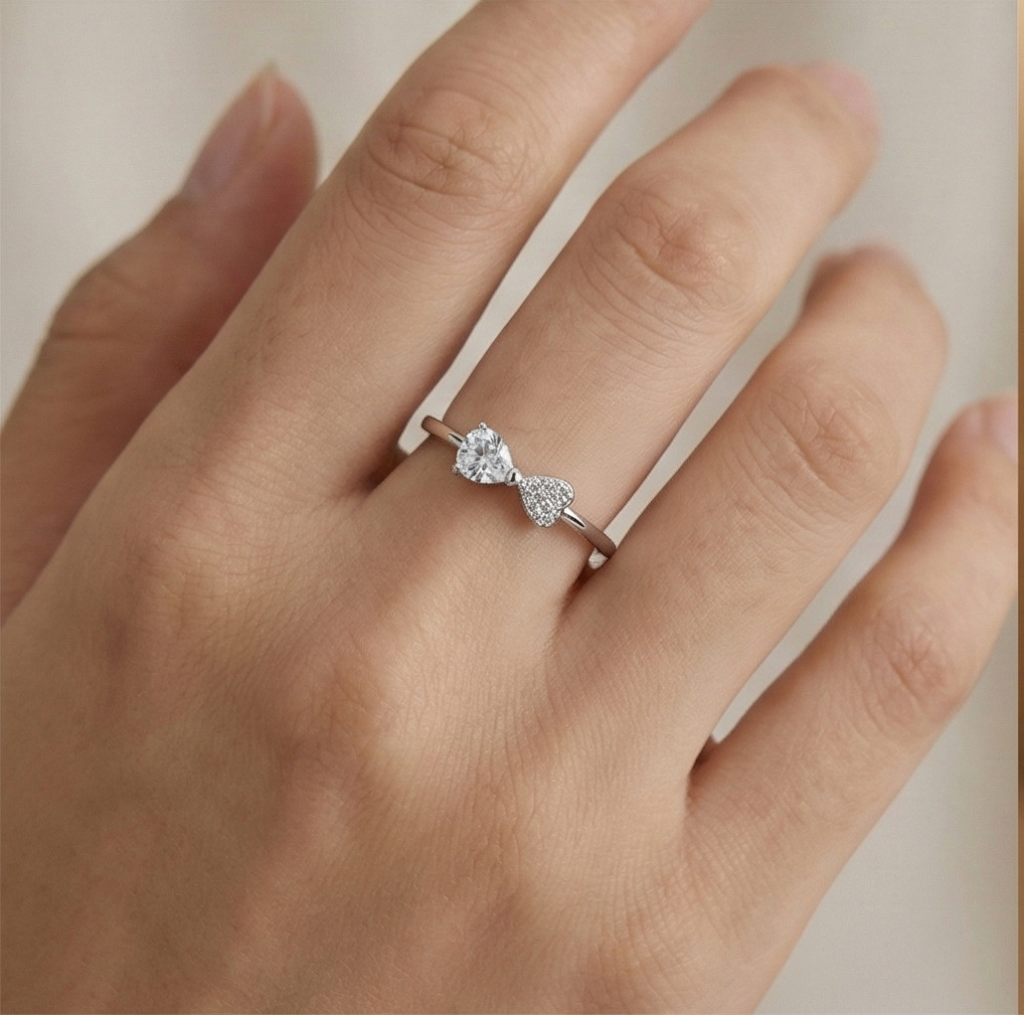 AGOR 925 Sterling Silver Adjustable Bow Knot Heart Ring Jewellery for Women & Girls