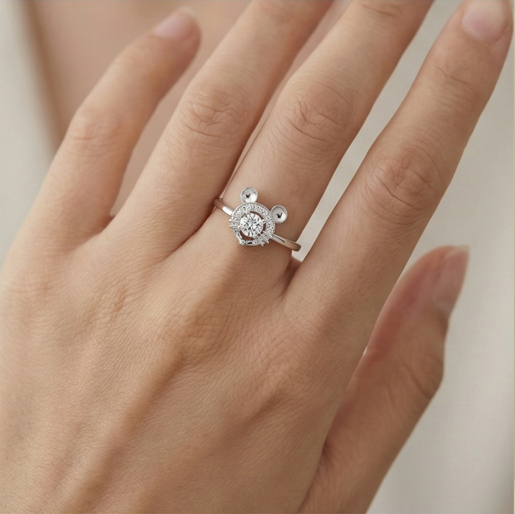AGOR 925 Sterling Silver Playful Mouse Silhouette Adjustable Ring Jewellery for Women