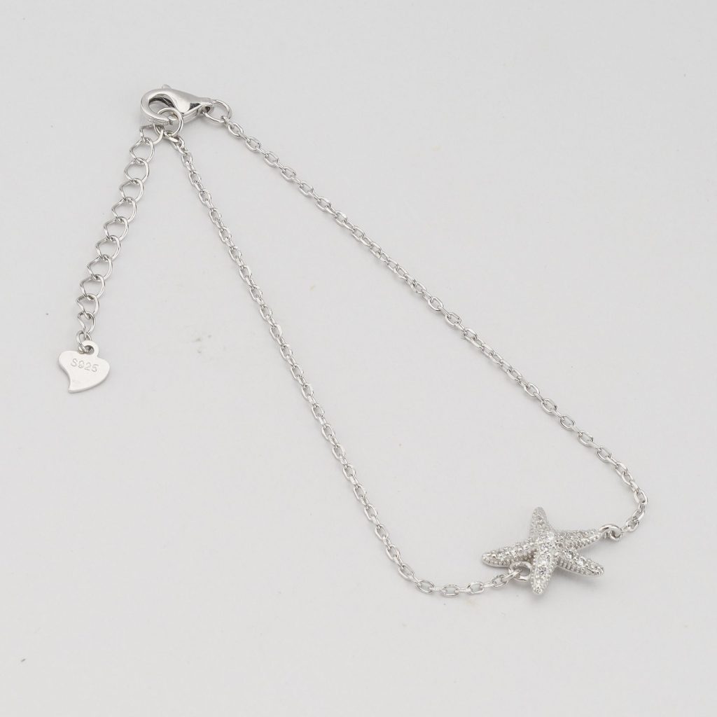 AGOR 925 Sterling Silver Starfish Charm Bracelet for Women, Ocean Inspired Rhodium Plated Jewellery