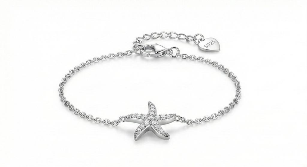 AGOR 925 Sterling Silver Starfish Charm Bracelet for Women, Ocean Inspired Rhodium Plated Jewellery