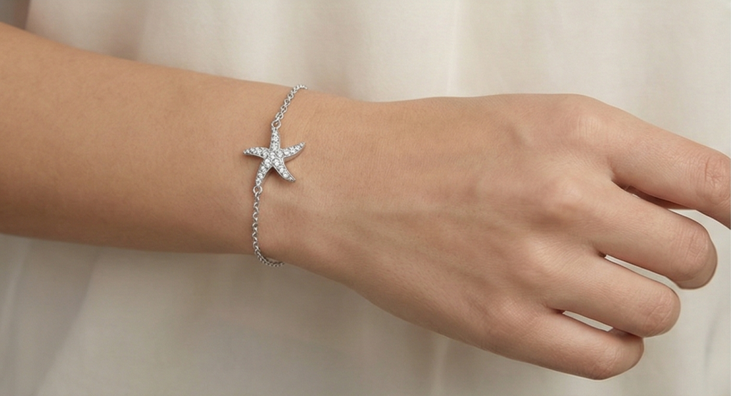 AGOR 925 Sterling Silver Starfish Charm Bracelet for Women, Ocean Inspired Rhodium Plated Jewellery