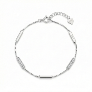 AGOR 925 Sterling Silver Bar Station Bracelet for Women, High Polish Rhodium Finish Minimalist Jewellery