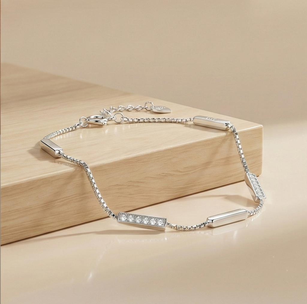 AGOR 925 Sterling Silver Bar Station Bracelet for Women, High Polish Rhodium Finish Minimalist Jewellery
