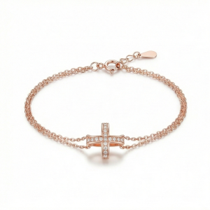 AGOR 925 Sterling Silver Rose Gold Plated Cross Bracelet for Women, Double Chain Faith Jewellery