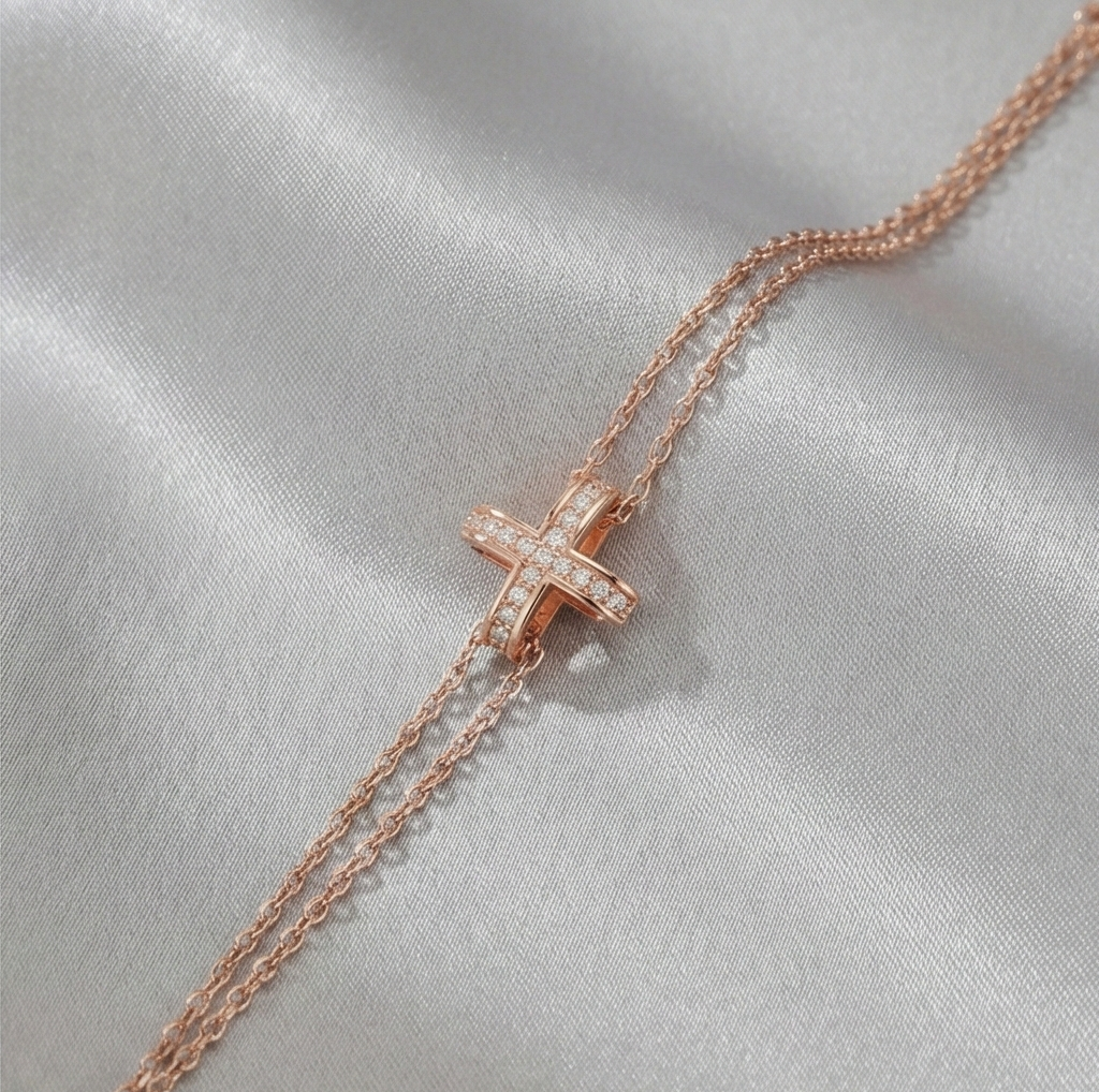 925 Sterling Silver Rose Gold Plated Cross Bracelet for Women, Double Chain Faith Jewellery