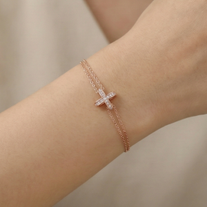 925 Sterling Silver Rose Gold Plated Cross Bracelet for Women, Double Chain Faith Jewellery