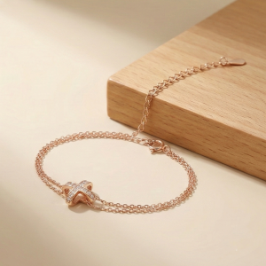 925 Sterling Silver Rose Gold Plated Cross Bracelet for Women, Double Chain Faith Jewellery