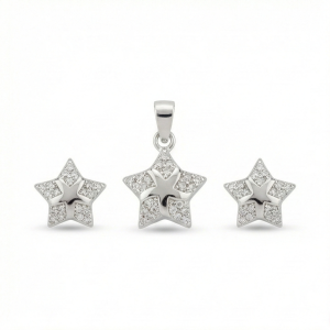 AGOR 925 Sterling Silver Double Star Pave Pendant Set Rhodium Plated Jewellery