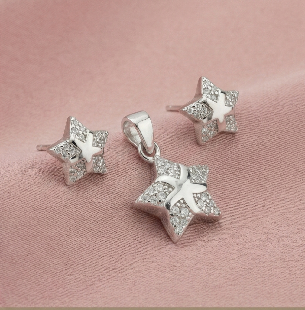 AGOR 925 Sterling Silver Double Star Pave Pendant Set Rhodium Plated Jewellery