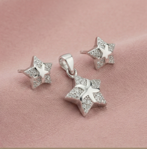 AGOR 925 Sterling Silver Double Star Pave Pendant Set Rhodium Plated Jewellery