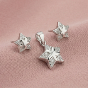 925 Sterling Silver Double Star Pave Pendant Set Rhodium Plated Jewellery